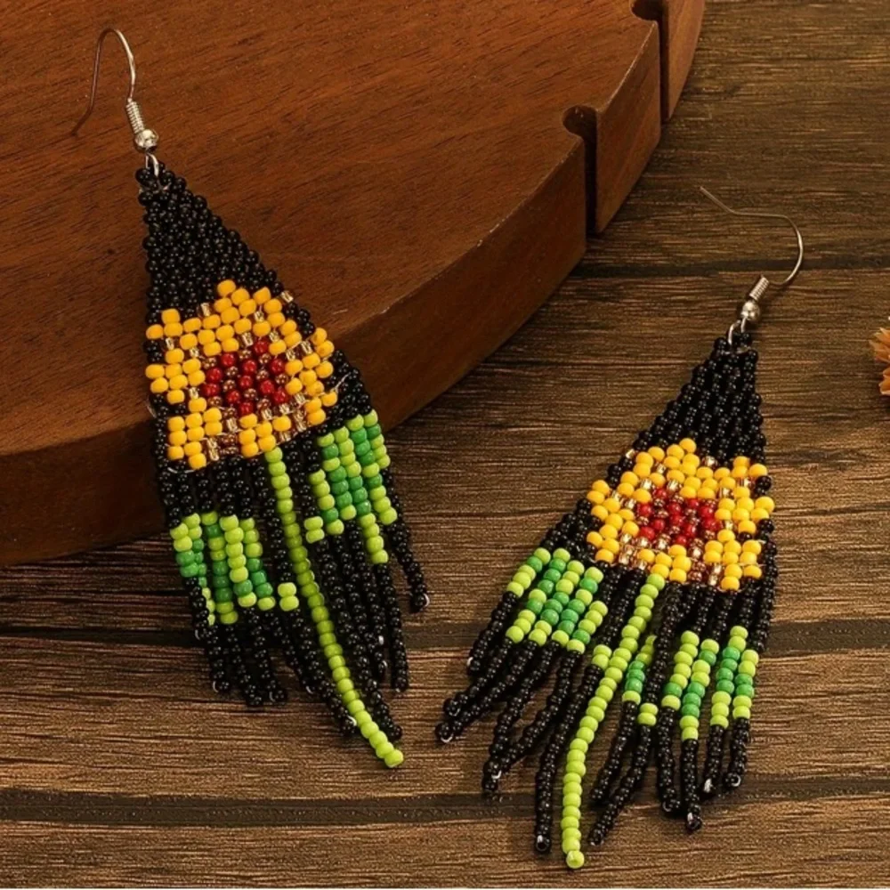 Boho Sunflower Seed Bead Tassel Earrings